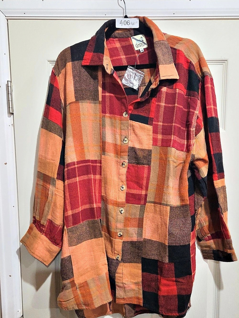 Jaded Gypsy  Plaid Button Down Shirt in Burgundy & Orange Size L (XL) NWT